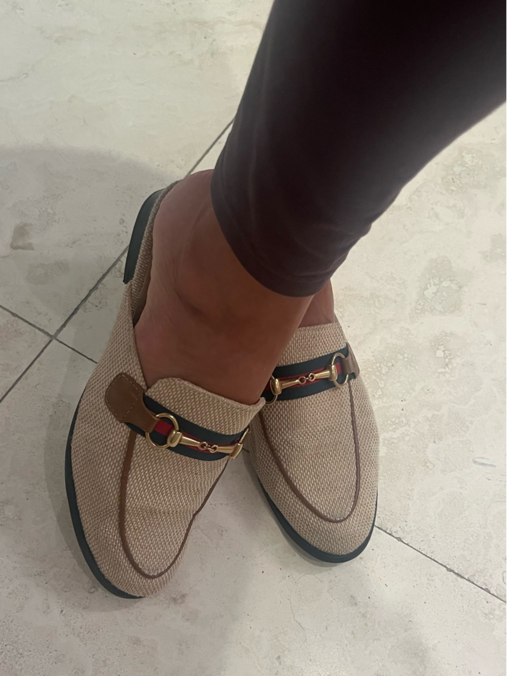 Furla Beige Woven Mule Loafers with Gold Horsebit & Black-Brown Trim